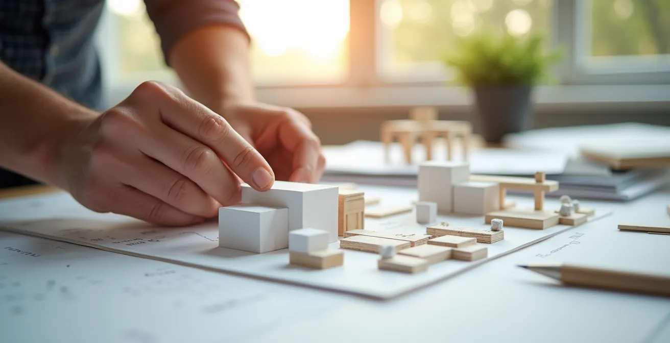 Mains travaillant sur une maquette architecturale complexe symbolisant la construction de portfolio