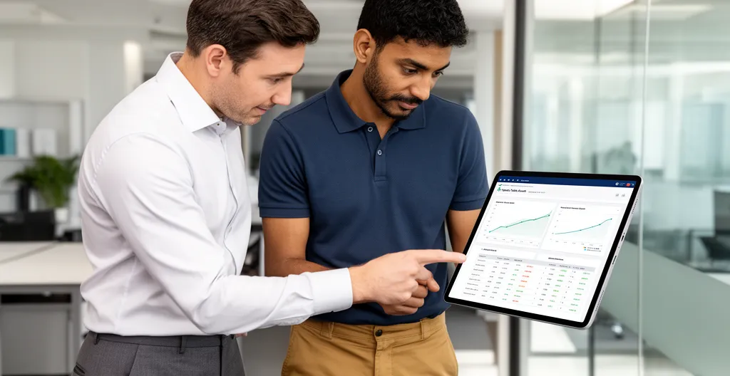Formateur et apprenant debout côte à côte regardant contenu sur tablette