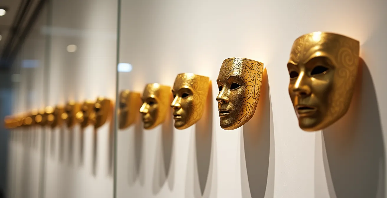 Vue perspective de masques dorés dans des vitrines de verre suggérant l'illusion des certifications