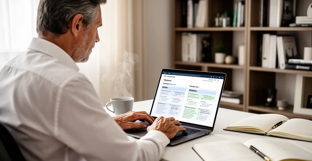 Adulte concentré regardant écran laptop avec tableaux comparatifs de formations