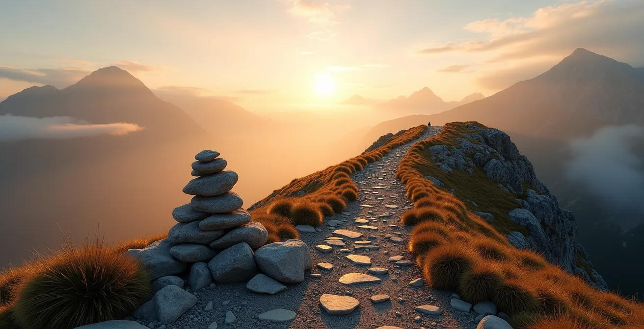 Sentier de montagne éclairé représentant la progression professionnelle